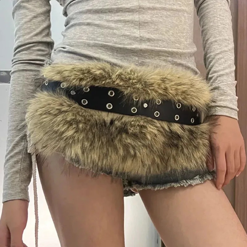Punk Faux Fur Belts Y2K Vintage PU Studded Patchwork Belt Cowgirl Metal Plush Waist Chain Fashion Furry Waistband Jeans Belts 251013