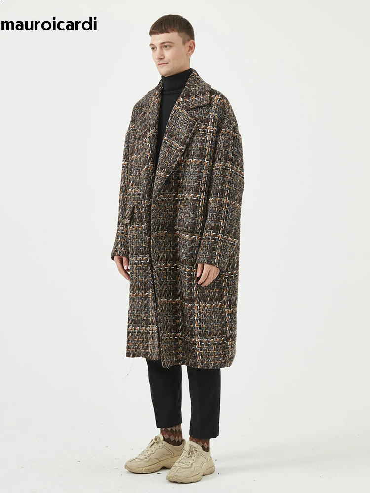 Mauroicardi Autumn Winter Loose Colorful Stylish Warm Tweed Woolen Coat Men Double Breasted Cool y ner Clothes 251023