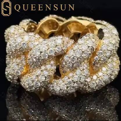 QUEENSUN GRA Moissanite D VS 10K 14K 18K Mens and Womens Hip Hop Diamond Rings Cuban Rings