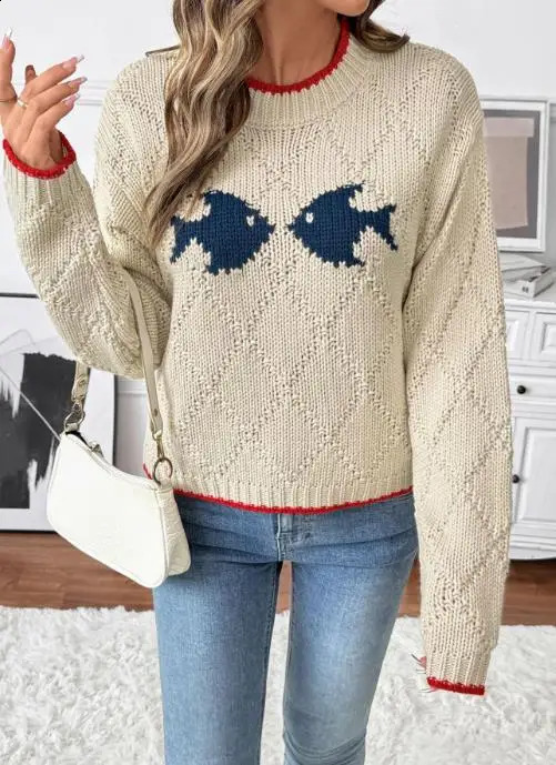 Color Blocking Border with Small Fish Pattern Round Neck Pullover Knitted Sweater for Women In Autumn and Winter of 251023