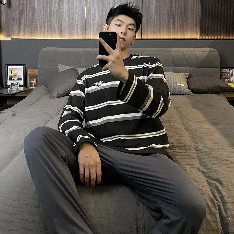 Cotton Men Pajama Long Sleepwear Elegant Male Big Size Pijama Hombre Nightwear Striped Loungewear pajamas for men Dropship 251021
