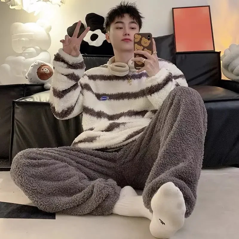 Couple Pajamas for Men Fleece Winter Sleepwear Korean Sleeping Night Wear 2 Pcs Pants Sets Oneck Warm Home Suit Striped Pijama 251021