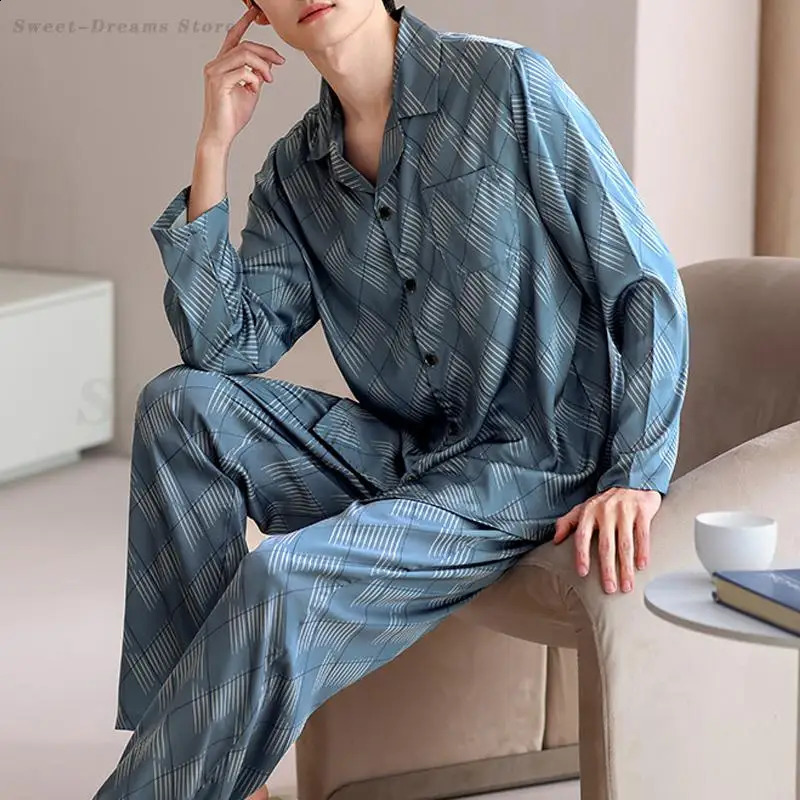 Mens Plus Size Pajamas Set Loungewear Spring Autumn Ice Silk Long Sleeved Trouser Pijama Mujer Male Casual Sleepwear Home Wear 251021