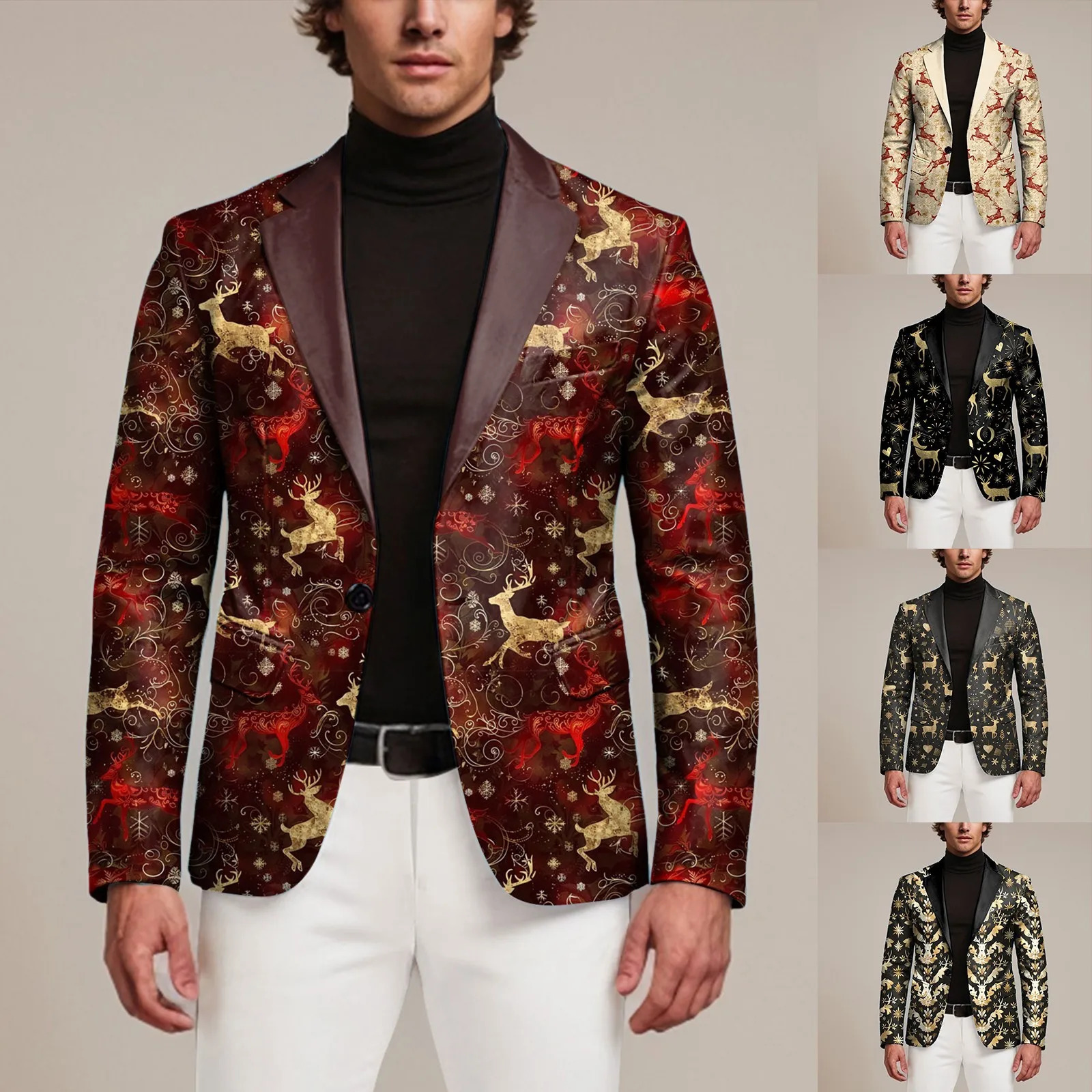 Vintage Mens Suits Fashion Christmas Print Long Sleeve Lapel Button Suit Jacket Pockets Mens Business Suit Jackets Party Wear 251016