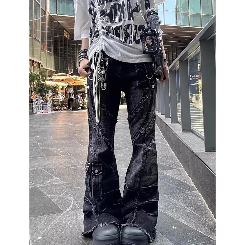 Womens Y2k Baggy Flare Jeans Harajuku Japanese 2000s Style Patchwork Denim Trouser Vintage Oversize Cargo Pants Clothes 251022