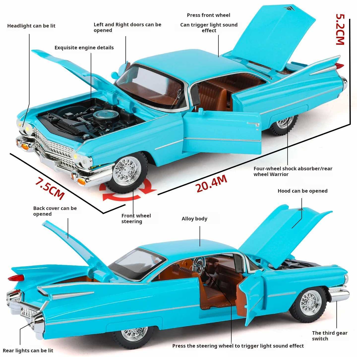 124 Cadillac Big Rocket Simulation Alloy collection Car Model Rebound Toy with sound and light Factory direct sales giftT251023