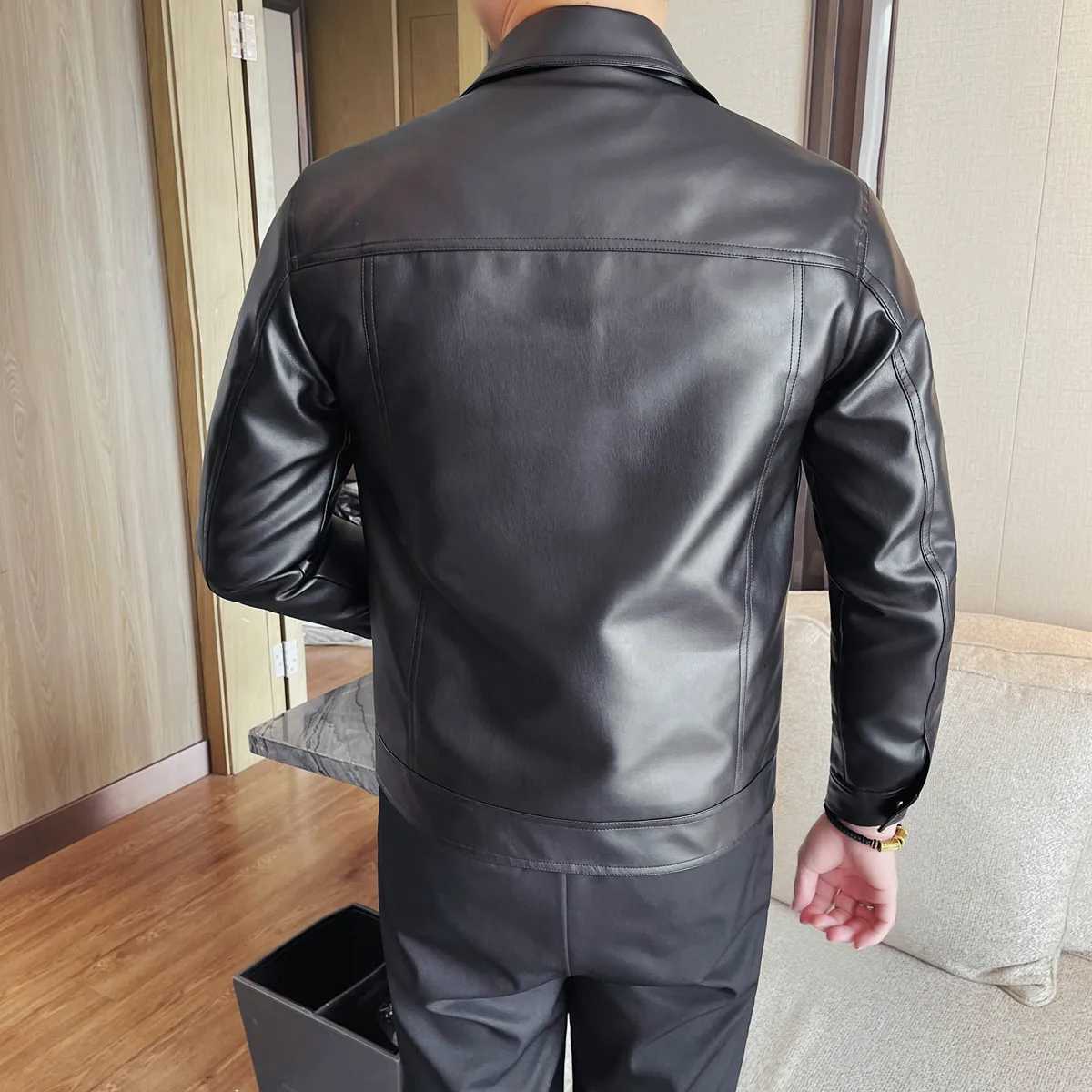 Black PU Leather Jackets Men Clothing 2025 Fashion Turn Down Collar Slim Fit Mens Casual Motorcycle Jacket Long Sleeve Coat Man W251023