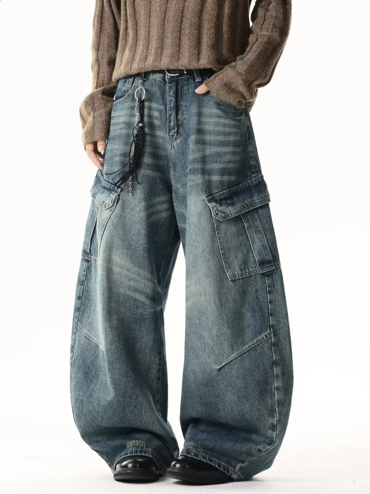 2025 Trashy Y2K Style Distressed Blue Baggy Pleated Cargo Jeans Pants For Men Clothing Straight Retro Denim Trousers Moda Hombre 251018