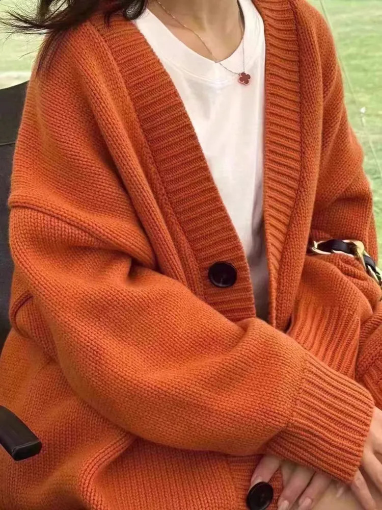Autumn Winter High Quality Premium Knit Cardigan Womens 100Wool Cashmere Medium length Sweater Vneck Loose Coat Jacket Female 251013