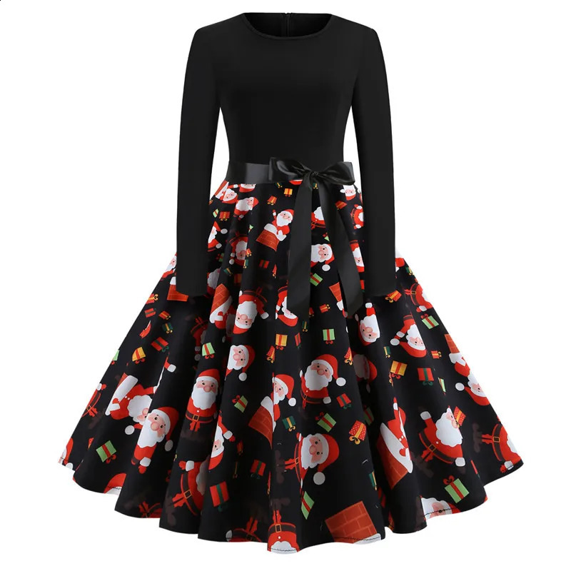 Vintage Christmas Dress for Women Elegant Swing Party Gown Long Sleeve Black Casual Print 50s 60s Style 251023