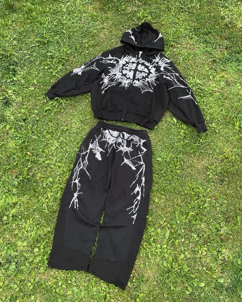 American High Street Trend Men Suit Hiphop Retro Striped Casual Loose Zipper Hoodie Harajuku Fashion Y2K Pants 251021