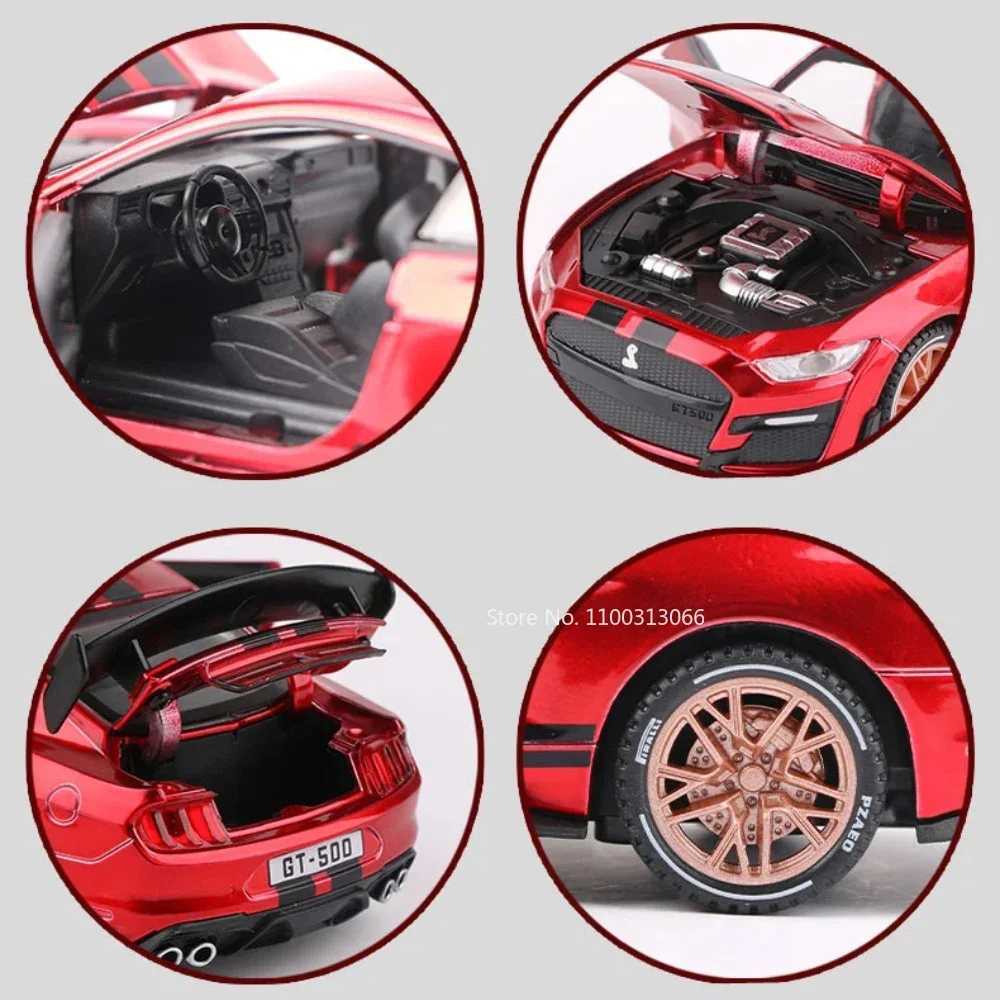 132 Mustang Shelby GT500 Miniature Cars Toys Alloy Models 4 Doors Opened Rubber Tires Vehicles Light Sound Car Model OrnamentsT251023