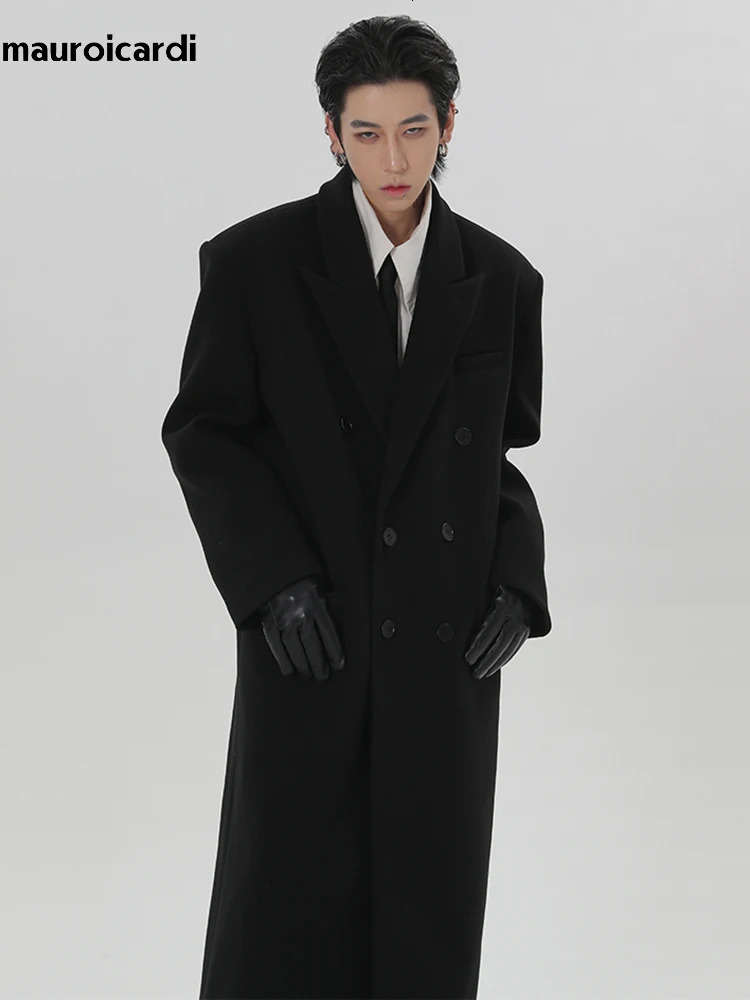 Mauroicardi Autumn Winter Extra Long Black Oversized Warm Wool Blends Coat Men Shoulder Pads Double Breasted Outerwear 251016