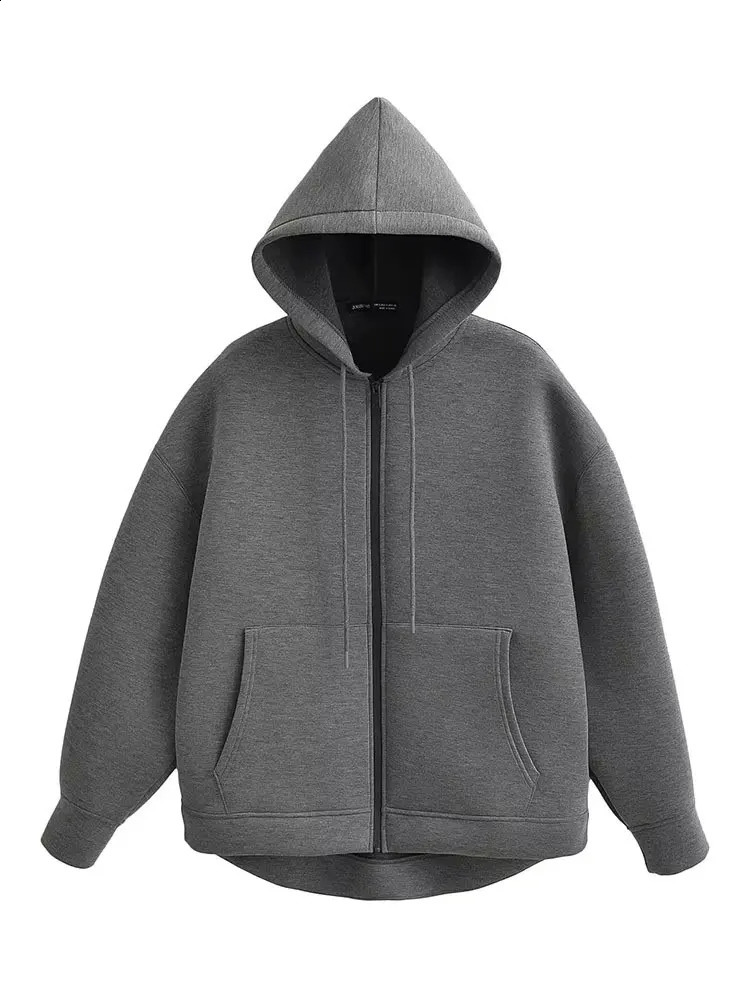 HH Autumn Women Gray Jacket With Hood Long Sleeve Big Pocket Zipper Coat Woman Loose Casual Outerwear Tops 251018