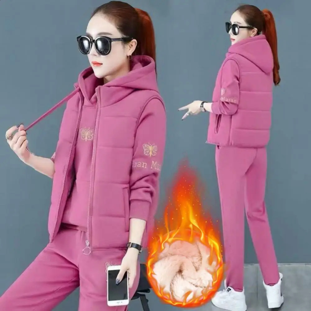 Autumn Winter Womens Casual Sweat Suit Fashion Plush Thickened Hooded Tops Waistcoat Pants 3 Three Piece Set For Women 251022