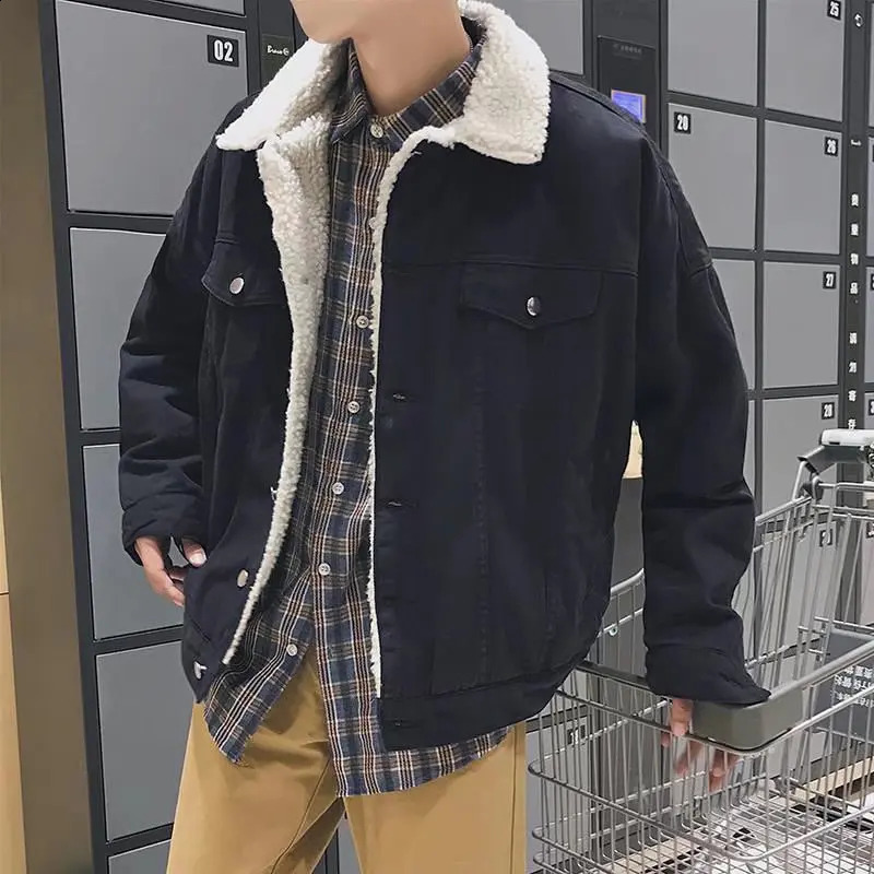 Winter Lamb Wool Denim Jacket for Men Korean Version Trendy Versatile Velvet and Thickened Cotton Mens Handsome Coat 251023