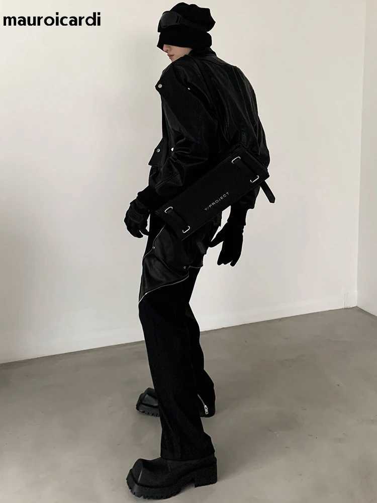 Mauroicardi Spring Autumn Cool Handsome Short Oversized Black Pu Leather Jacket Men with Shoulder Pads Long Sleeve Zipper 2023 W251023