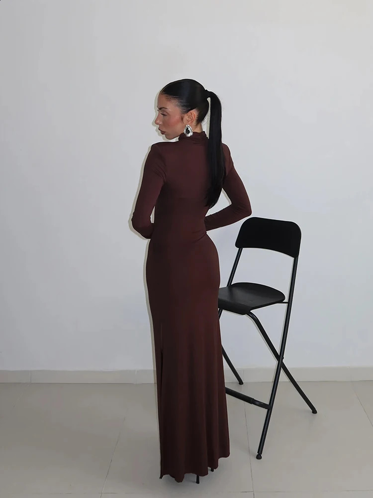 Huhugirl Sexy Sheath Womens Maxi Dresses Solid Turtleneck Regular Long Sleeves Hollow Out Slim Fit Bodycon Party Vestidos Robes 251022