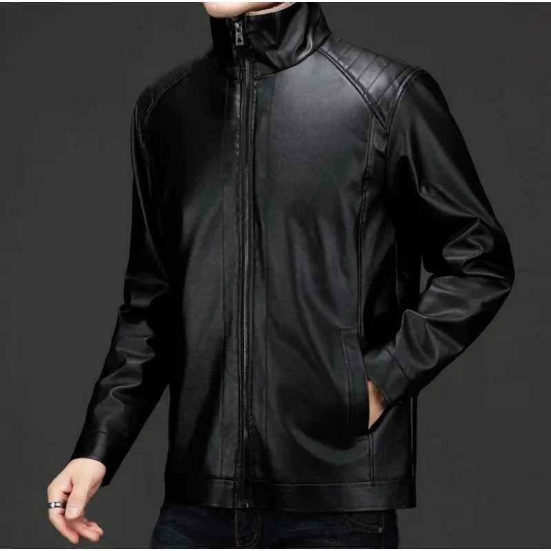 Mens Autumn and Winter Long Sleeved Leather Jacket with Fleece Collar for Warmth and Fashion Leather Jacket Men W251023