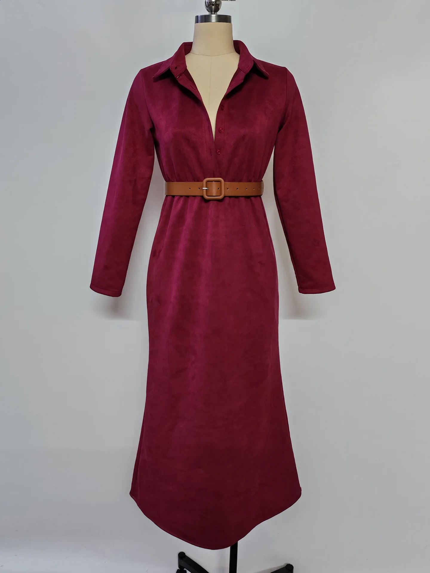 Winter Womens Minimalist Solid Belted Lapel Shirts Dress Long Sleeve High Waisted Suede Female Casual Party Maxi Dresses 251022