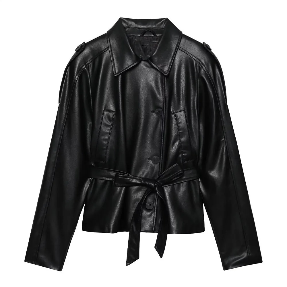 DiYiG WOMAN Autumn Fashion Leather Effect Jacket Retro Long Sleeve Joker Belt Outerwear Mujer 251017