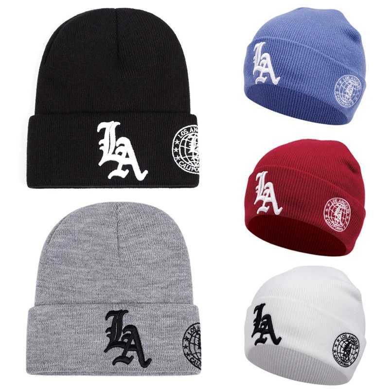 New LA letter side earth embroidery unisex casual beanie hat personalized hiphop fashion winter warm knit soft hat skull hatXJ251023