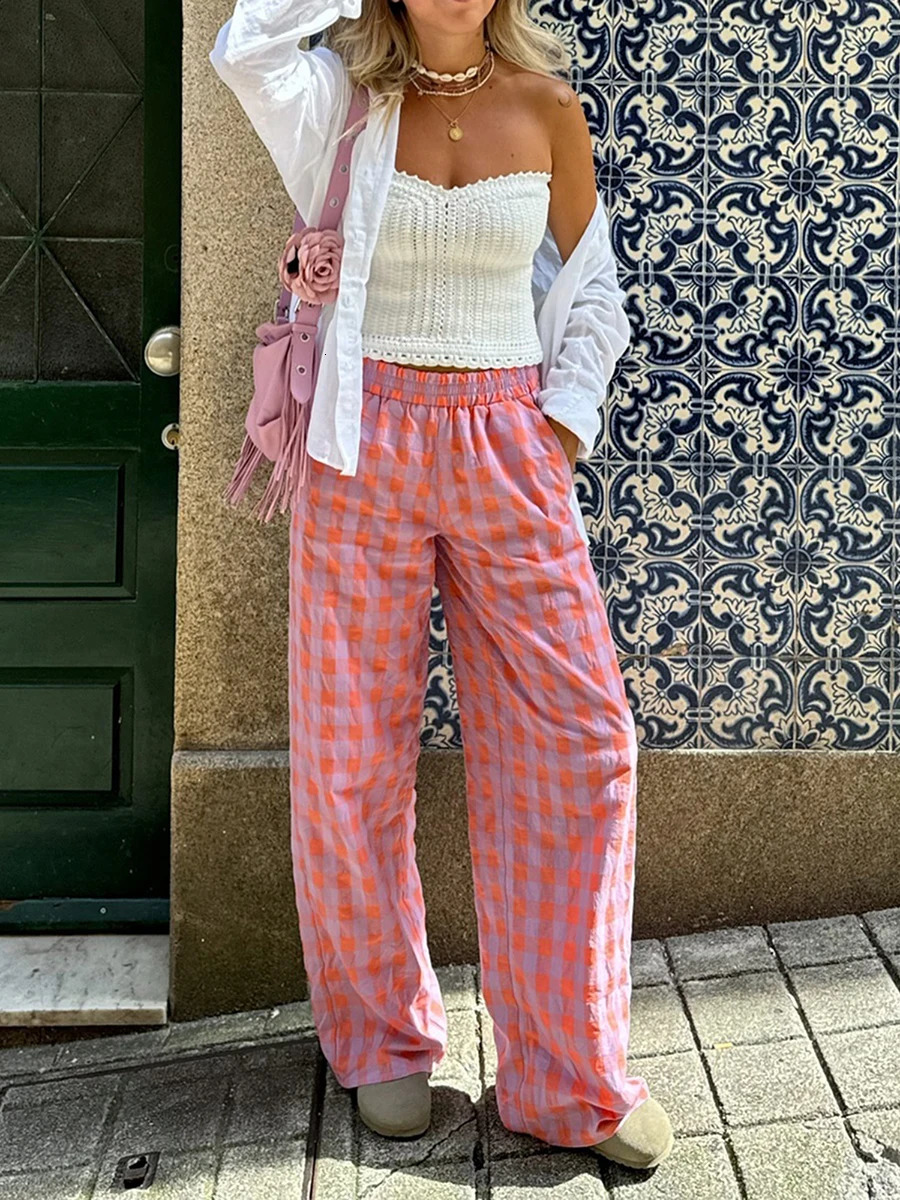 Women Fashion Pink Plaid Print Casual Slim Straight Pants Female Chic Zipper Fly Long Length Trousers Mujer 251016