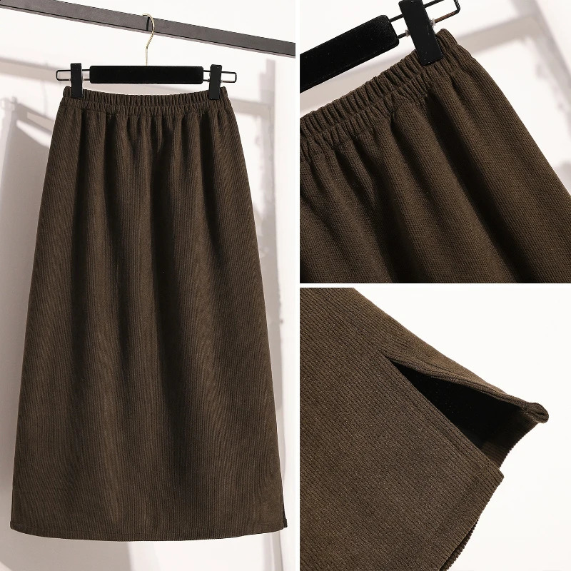 Plus Size Skirt for Women Autumn High Elastic Waist Large Korean Style Elegant Brown Casual Slit Pencil Skirts 251022