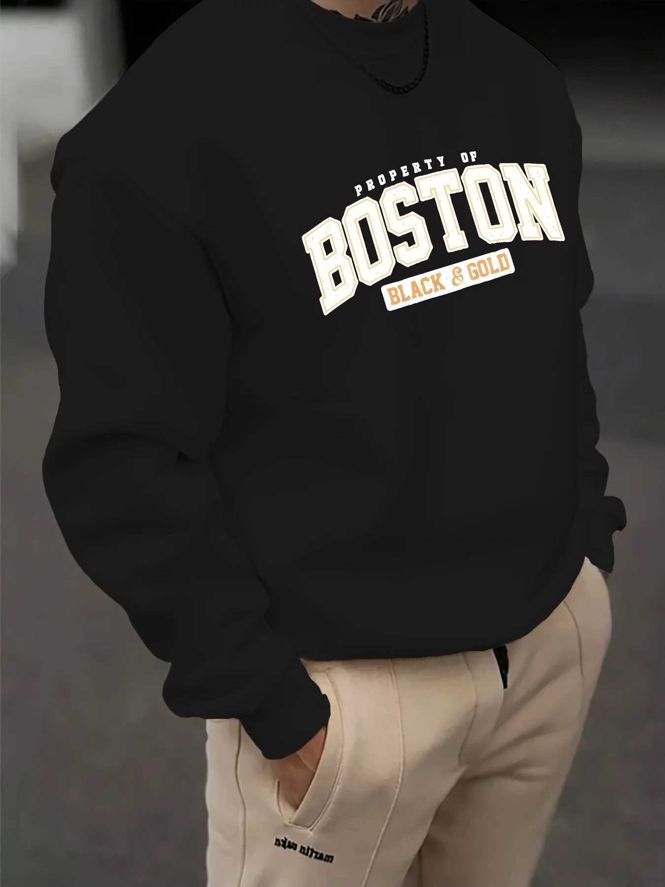 Mens autumn and winter fashionable casual loose Boston black golden letter graphic fleece long sleeved round neck sweatshirtT251023