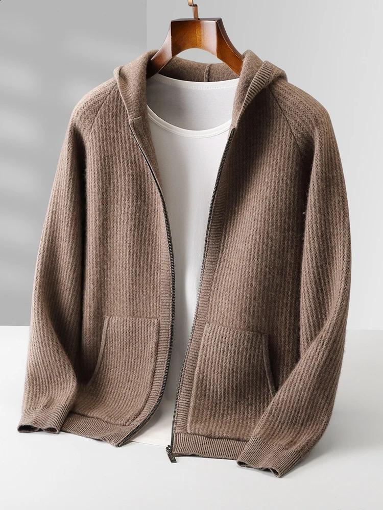 Men Hooded Zippers Cardigan Sweater 100 Merino Wool Knitwear Jacquard Raglan Sleeve Thicken Casual Cashmere Autumn Winter Coat 251023