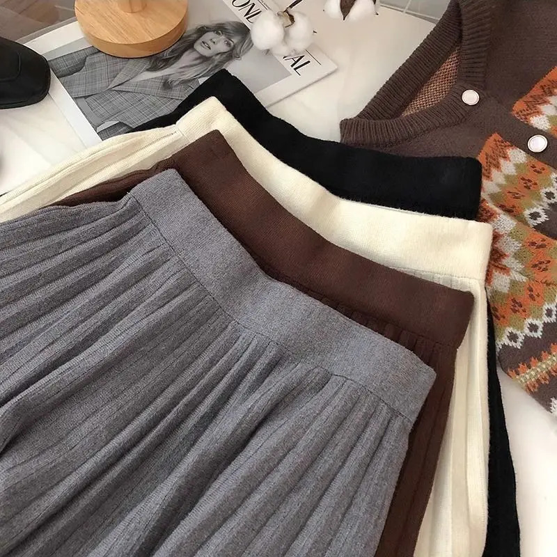High Waist Mini Skirt Women Knitting Pleated Aline Thicken Loose Koreanstyle sweet Girls Gentle Elegant Chic Leisure Solid 251020