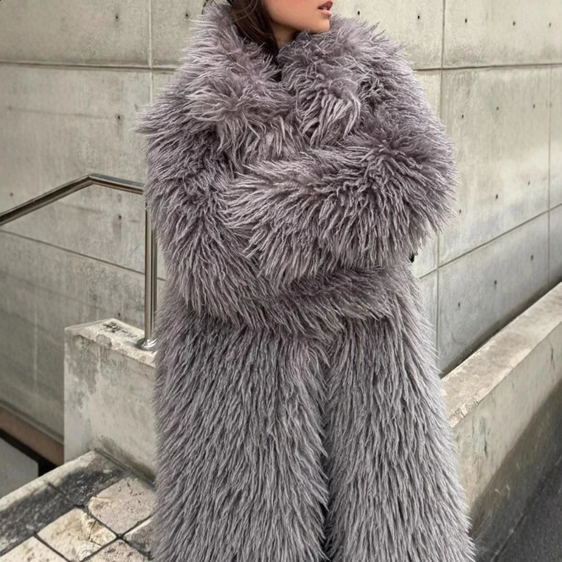 Women Faux Fur Jacket Thick Loose Long Coat Warm Turn Down Collar Full Sleeve Open Stitch Coats Solid Winter 2025 251014