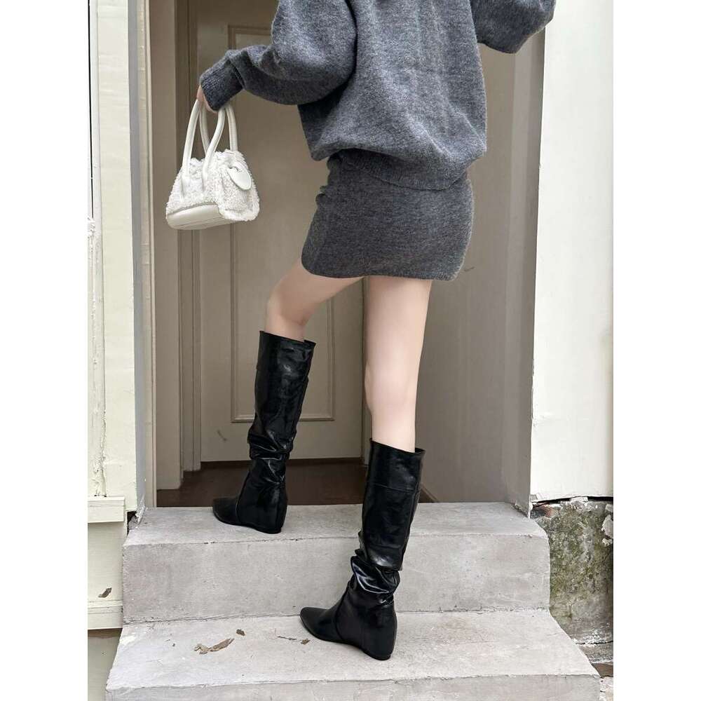 Soft Leather Chunky Heel Wrinkled Slouchy Riding 2025 Autumn New Style Internal Designer Shoe Height Increase Slim High Tube Long Boots