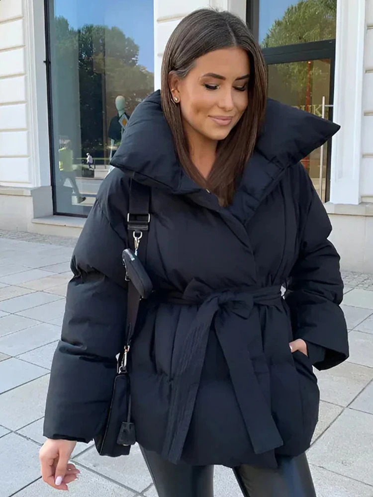 Solid Lapel Lace Up Cotton Coat Women Fashion Long Sleeve Warm Loose Pocket Short Coats Lady Winter Commute Street Outwears 251021
