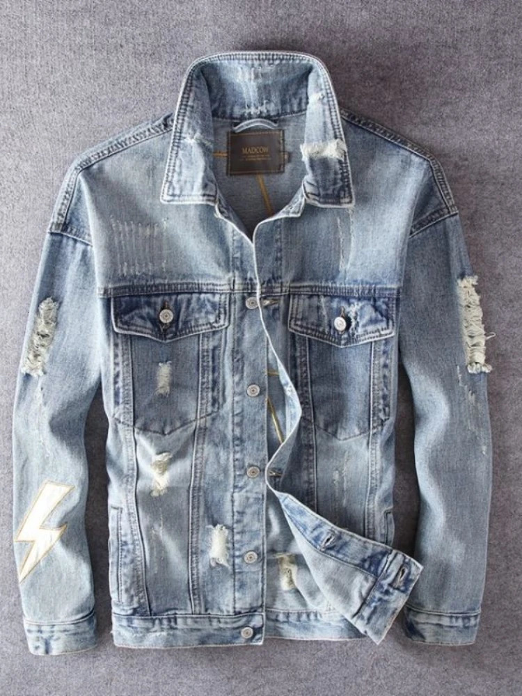Mens Patchwork Denim Jacket with Embroidered Prints Frayed Distressed Biker Moto Coat Trendy Spring Streetwear Outer Clothing 251017