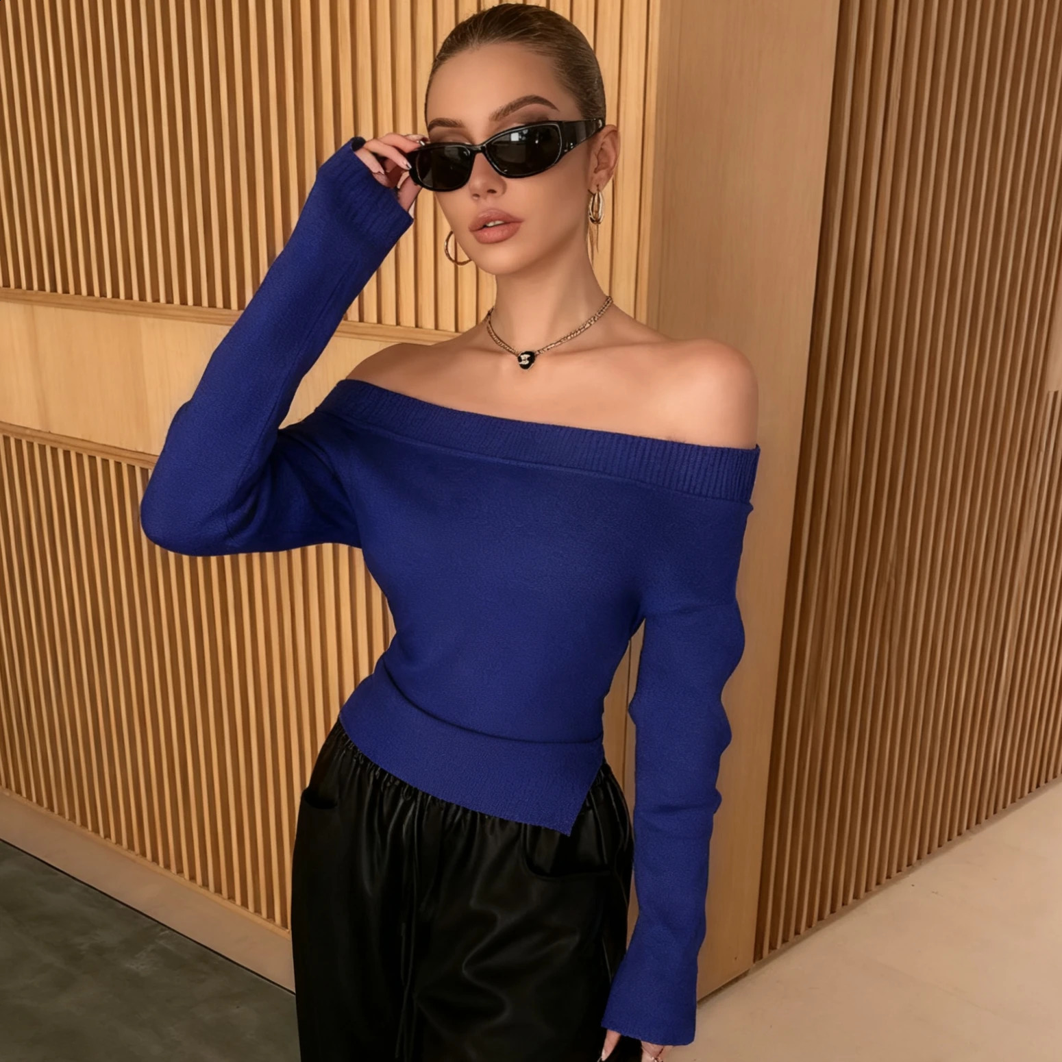 Womens Y2K Off Shoulder Ribbed Knit Top Soft Stretchy Fabric Flare Sleeve Slim Fit Trendy Multi Color Sweater 251023