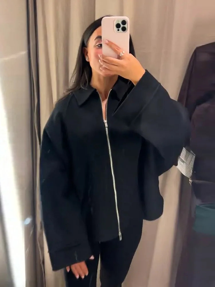 Stand Zipper Short Jacket Womens Early Autumn Solid Long Sleeve Loose Coats Fashion Commute Ladies Outerwear 251020