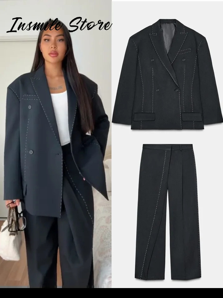 Chic Line Blazer Pants Set Women Lapel Full Sleeve Double Breasted Coat Pleated Wide Leg Pant Autumn Lady 2 Pieces Suit 251016