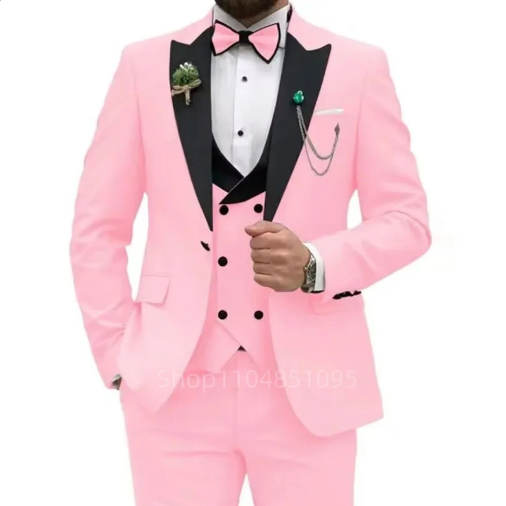 Elegant Rose Red 3Piece Mens Suit Slim Fit Double Breasted Blazer Vest And Pants Set for Wedding Groom Tuxedo Business Party 251023