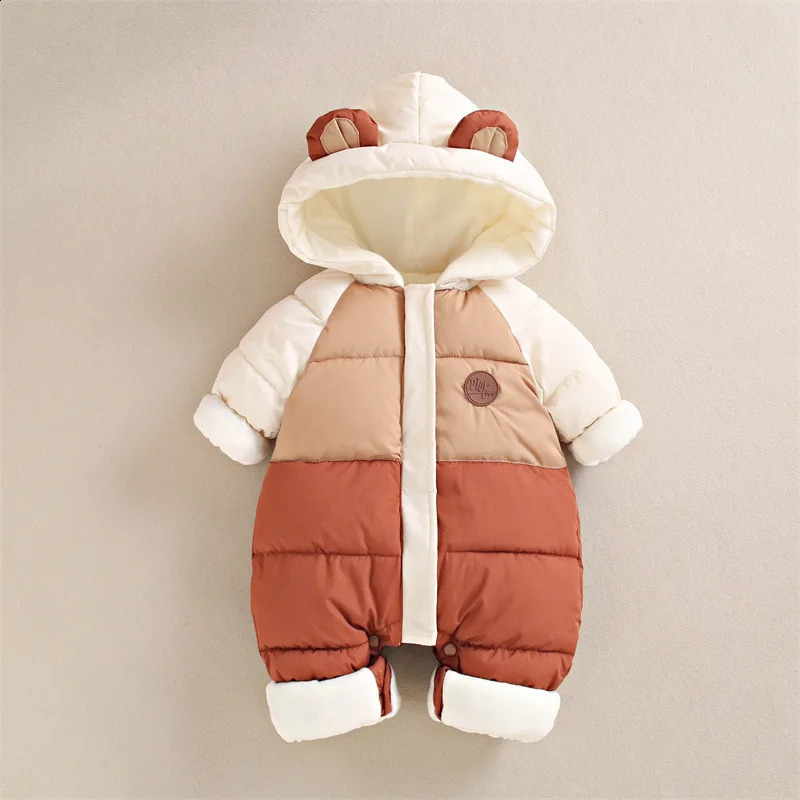 Winter Baby Rompers Boys Girls Patchwork Thick Plus Velvet Jumpsuits Windproof Hooded Overalls Snowsuit One Piece Bodysuit 251023