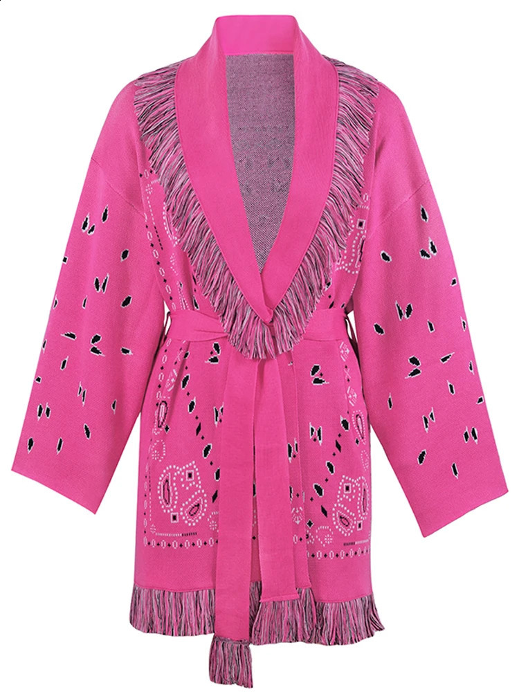 Fashion Print Tassel Womens Cardigan Lace Up Knit Long Sleeve Vneck Thick Sweater Autumn Lady Vintage Allmatch Knitwear 251022