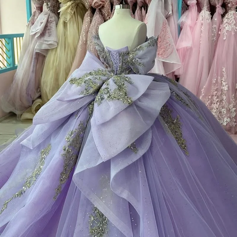 Lavender Shiny Quinceanera Dresses off the shoulder Applique Lace Beading Crystal Tull Bow glitter vestidos de 15 anos sweet 16 dress