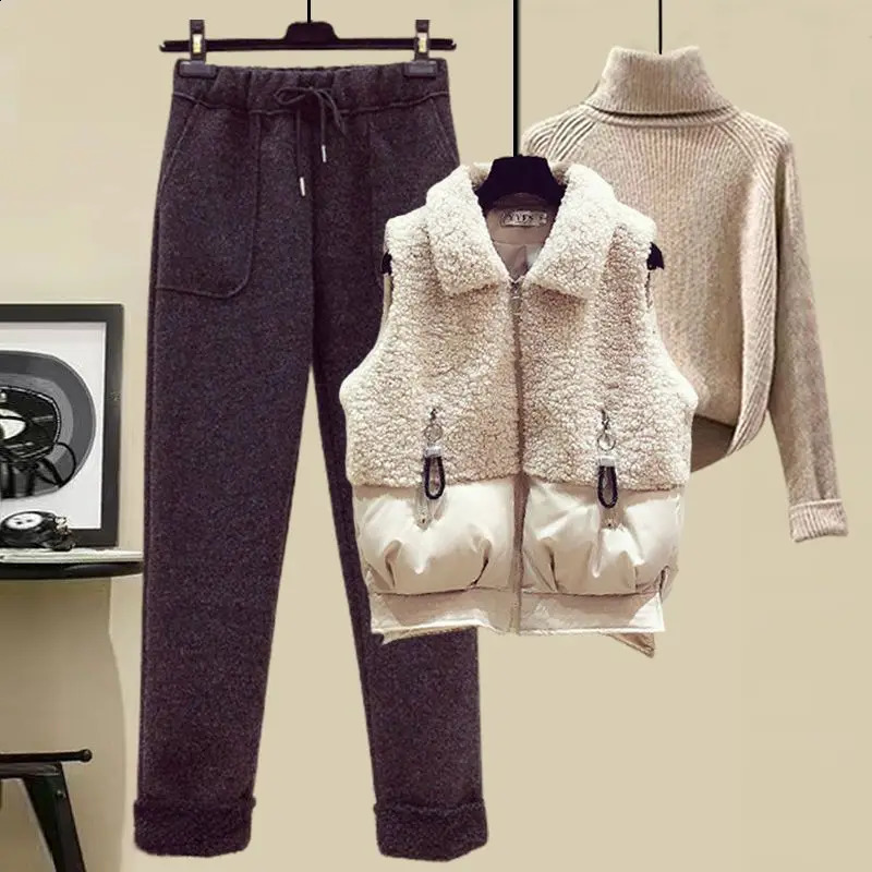 Autumn and Winter Womens Suit Lamb Wool Vest Thickened Cashmere Sweater High Waist Casual Woolen Trousers Three Piece Set 251022