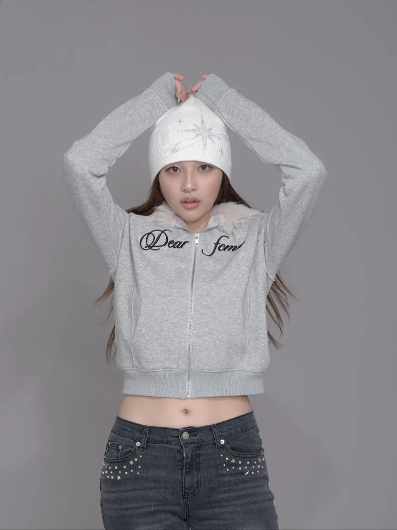 chic Harajuku Y2K Fur Collar Zipper Hoodie Women Gothic Punk Streetwear Trendy Retro Letter Embroidery casual Warm Sweatshirt 251022