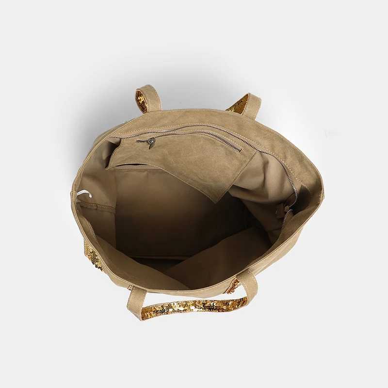 Sequin Canvas Zipped Tote BagLarge Capacity Vintage Contrast Color Women Shoulder BagDesigner Commuter Everyday HandbagBlackL251023