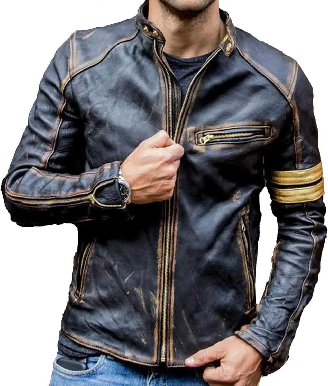 Mens Black Biker Vintage Distressed Cafe Racer Leather Jacket Motorcycle Classic Biker Jacket Motor Autumn Street Coats W251023