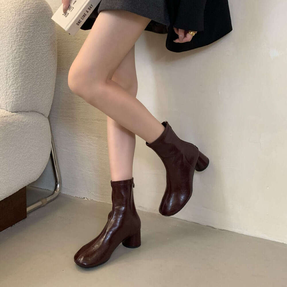 Explosive Pattern Round Toe Chunky Heel Slim for Women 2025 Autumn Winter Korean Designer Shoe Style Versatile Commuter Ankle Boots