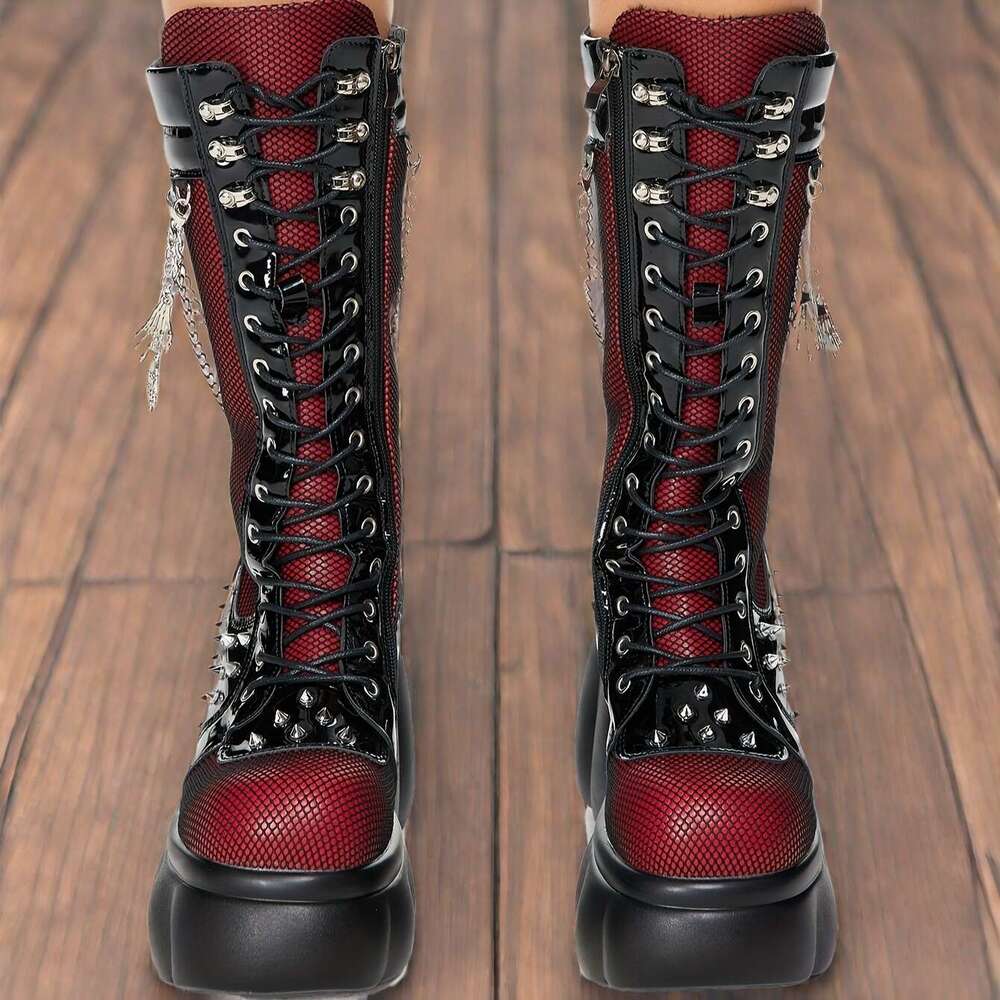 2025Fashion Studded Motorcycle Chunky Black Combat Ankle Booties With Chain Detail, Round Toe, High Heel, Faux Cover