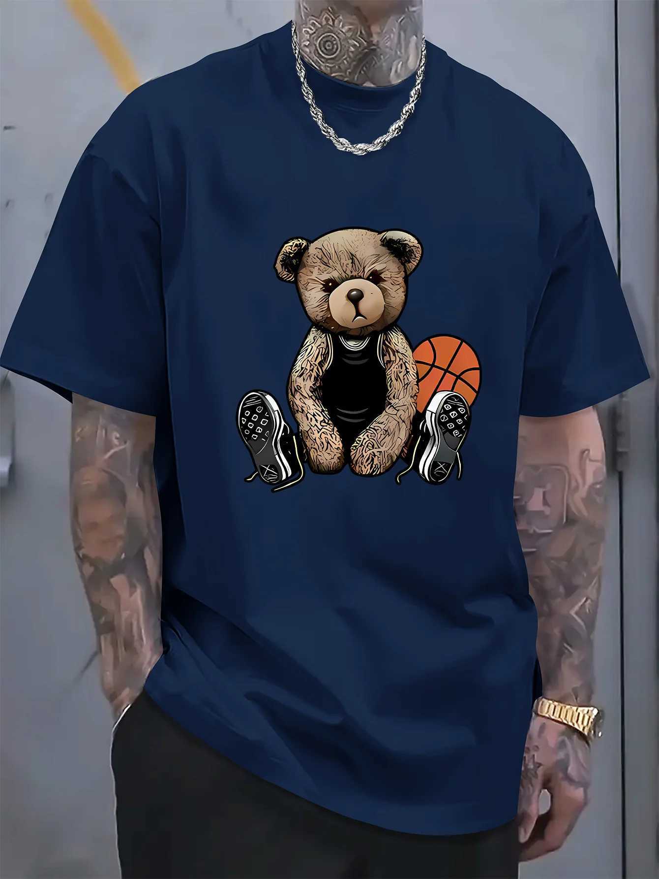 Mens Summer Fashion Fun Basketball Bear Print Comfortable Breathable Round Neck Tshirt Outdoor Casual TopXJ251023