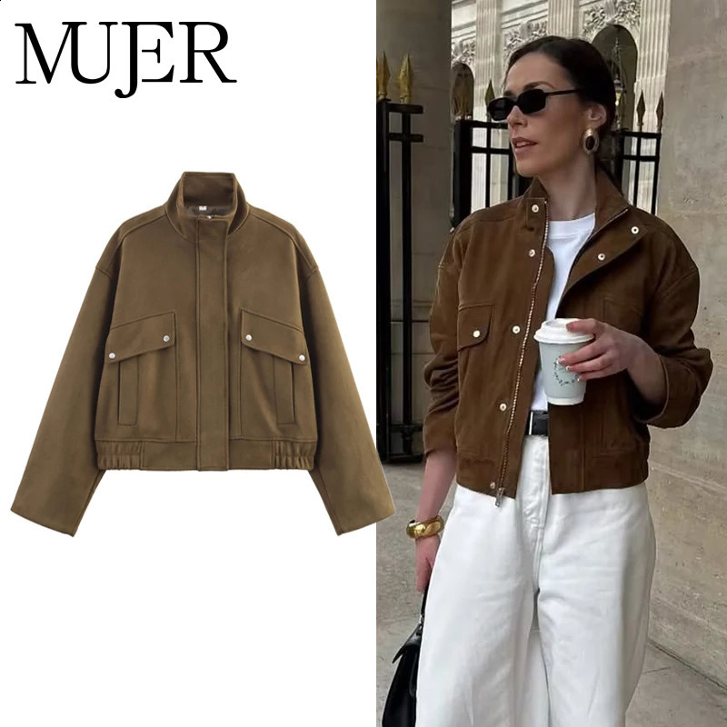 MUJER Suede Bomber Jacket Women Fashion Zip Varsity Jackets for Streetwear Outerwear Long Sleeve Coat 251018